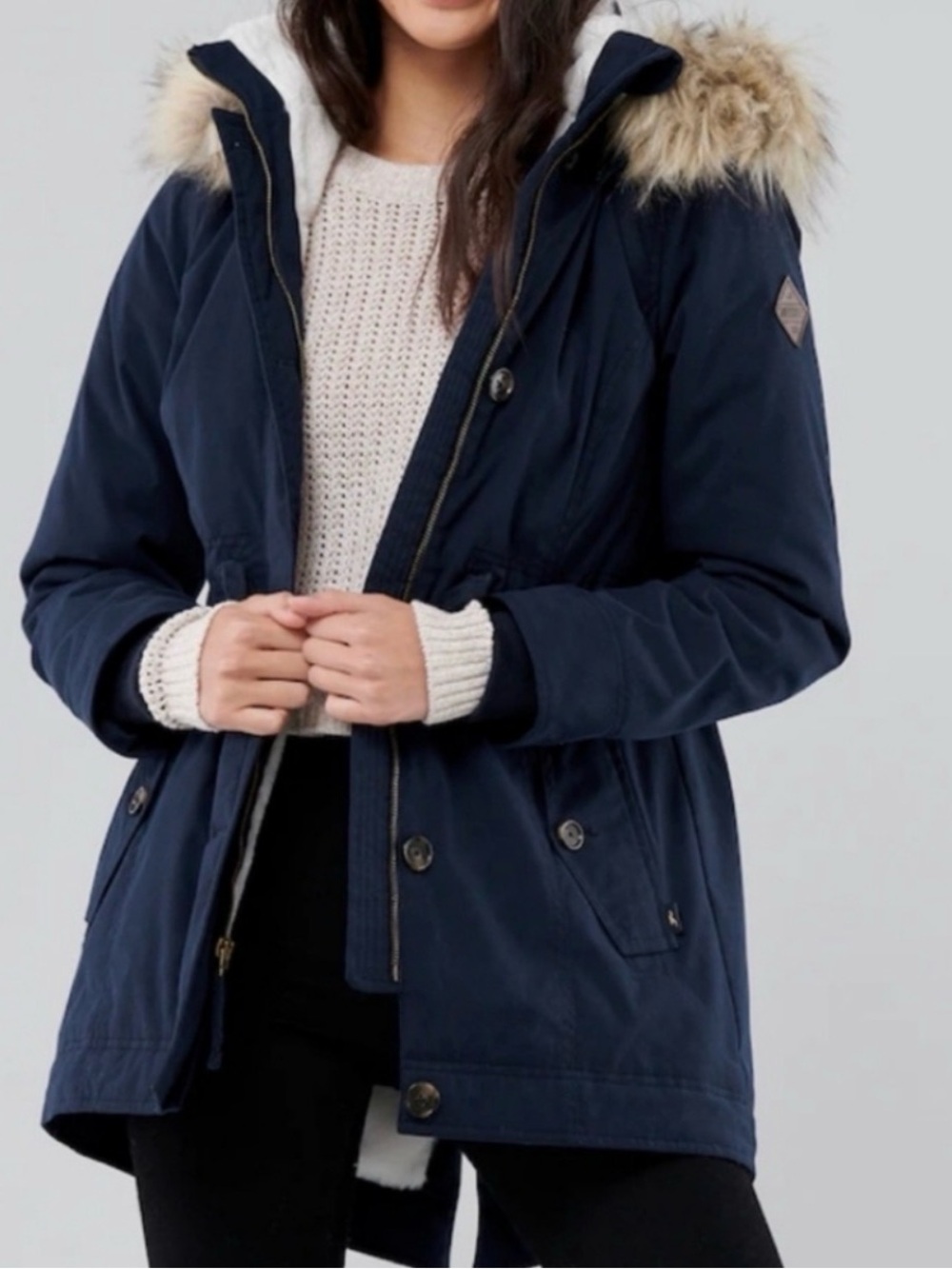 HOLLISTER HERITAGE COLLECTION Navy Blue Parka Faux Fur Lined Coat Size M
